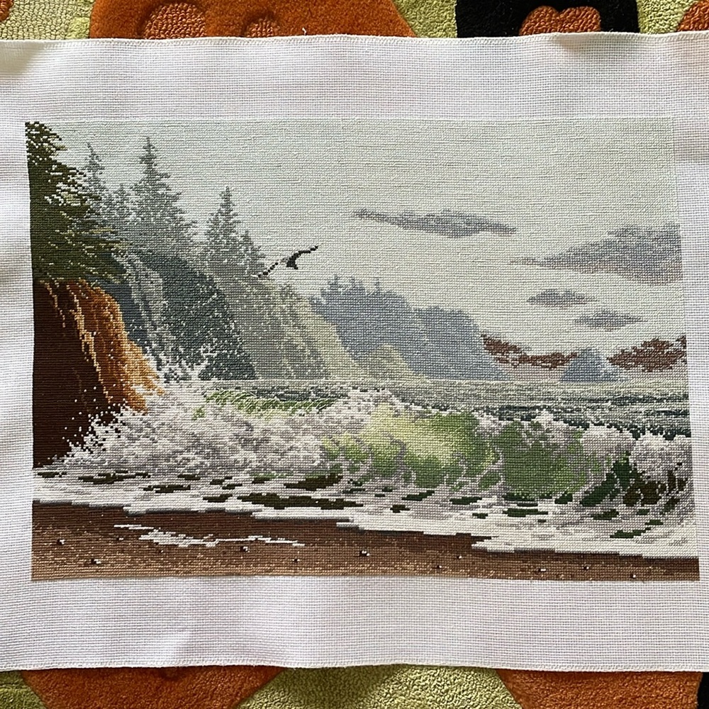 Cross stitch embroidery Cliff, Forest, Ocean